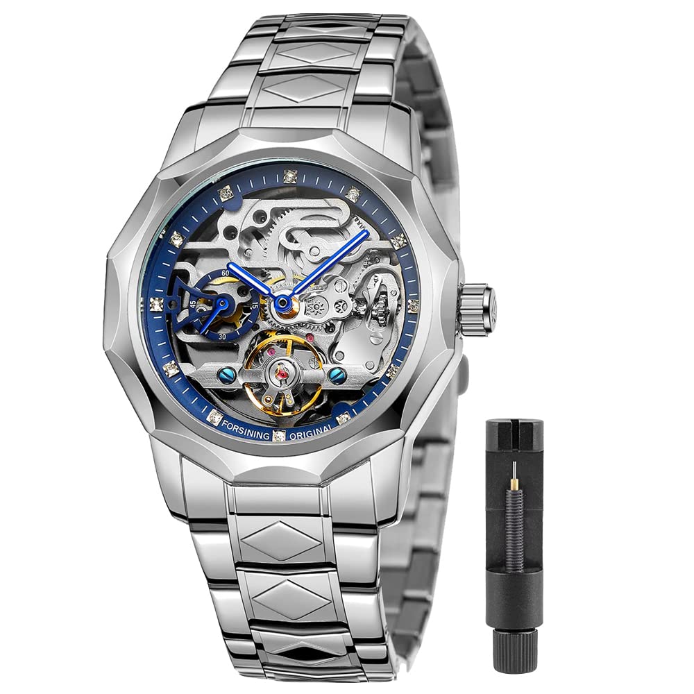 Tiong Mechanical Mens Watches Fashion Automatic Male Clock Blue Stainless Steel Waterproof Business Skeleton Watch…
