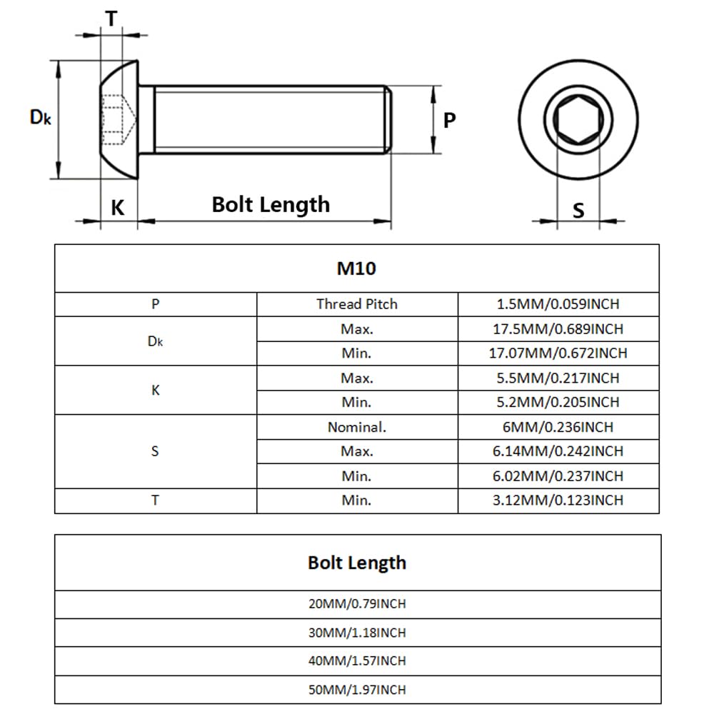 (M10 x 20 mm, 100 piezas) Juego de pernos de acero inoxidable M10, ideal para proyectos de carpintería y reparación, tornillos de cabeza redonda y cierres de cabeza de botón plateados