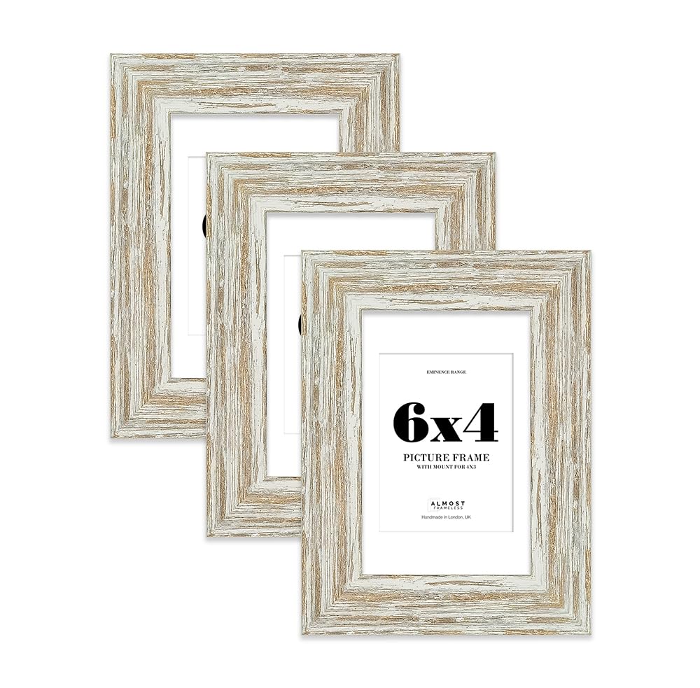 6x4" Distressed White Oak Picture Frame with 4x3" Mount - Industrial Photo Frame with Distressed Finish, Wall Hooks and Kickstand, 32mm Edge - 3 Pack