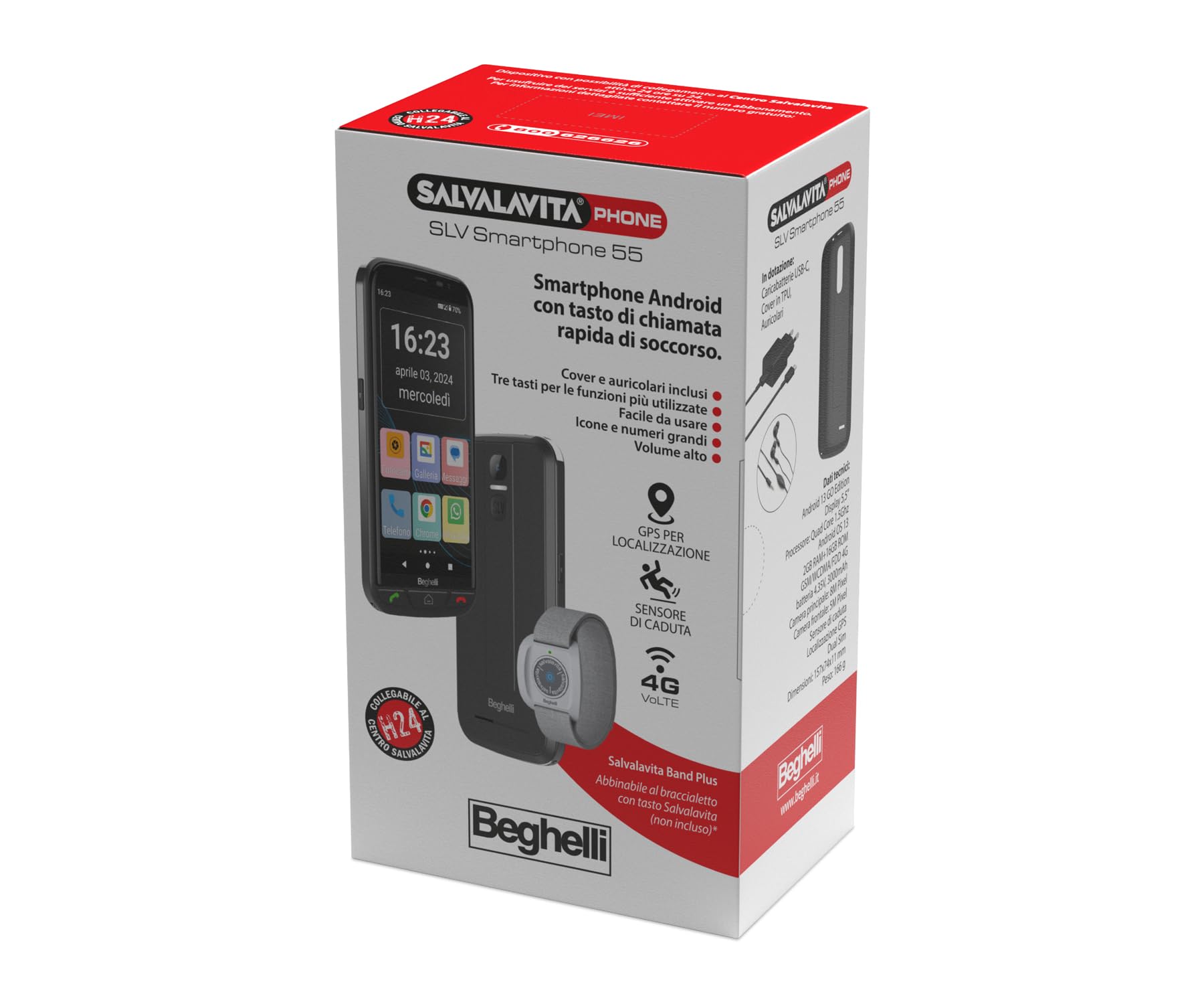Beghelli - Telefono Anziani Salvalavita SLV55, Smartphone 4G con Tasto SOS e Chiamata Rapida, Schermo con Grandi Icone, Volume Alto, Display Touchscreen 5.5", Torcia, Radio, Fotocamera - Colore: Nero