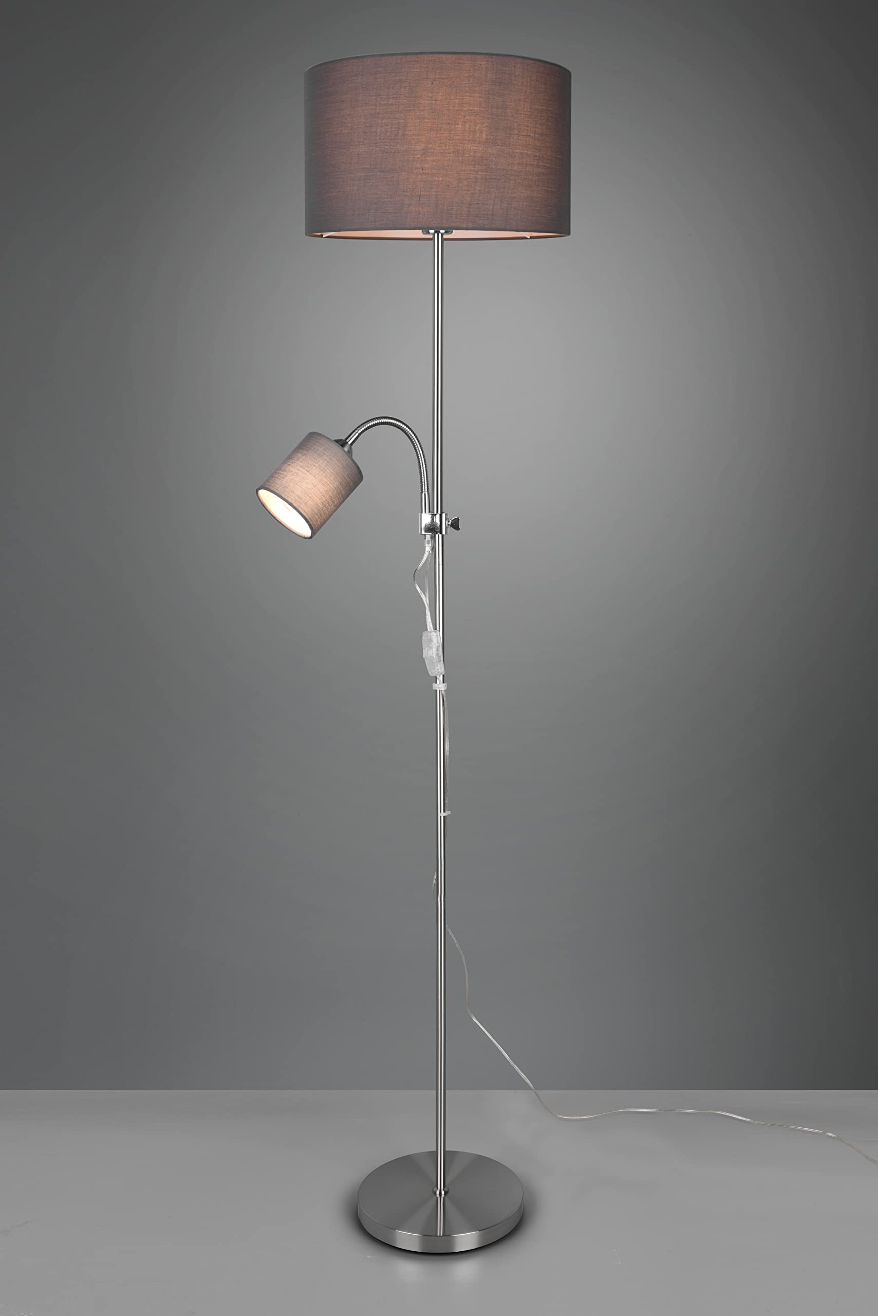 Reality Piantana Owen Con 2 Luci, 1xE27 Max 42W E Braccio Lettura 1xE14 Max 10W, Paralumi In Tessuto Grigio, Base Nichel Opaco