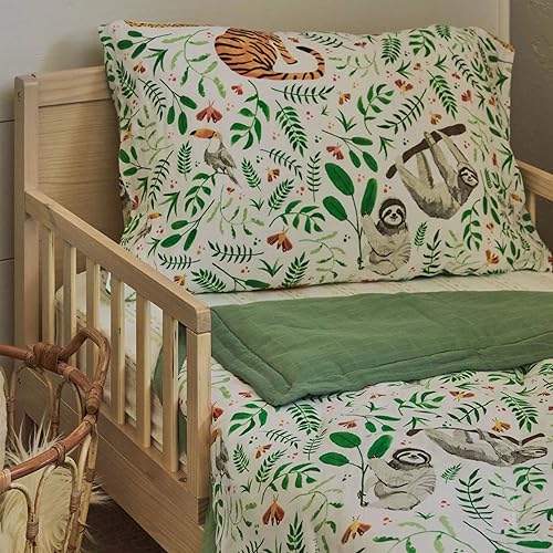Image of Little Unicorn Standard Pillowcase 2 Pack | Super Soft & Breathable Muslin Fabric | Snug Envelope Closure | for Crib and Toddler Bed (Mighty Jungle)