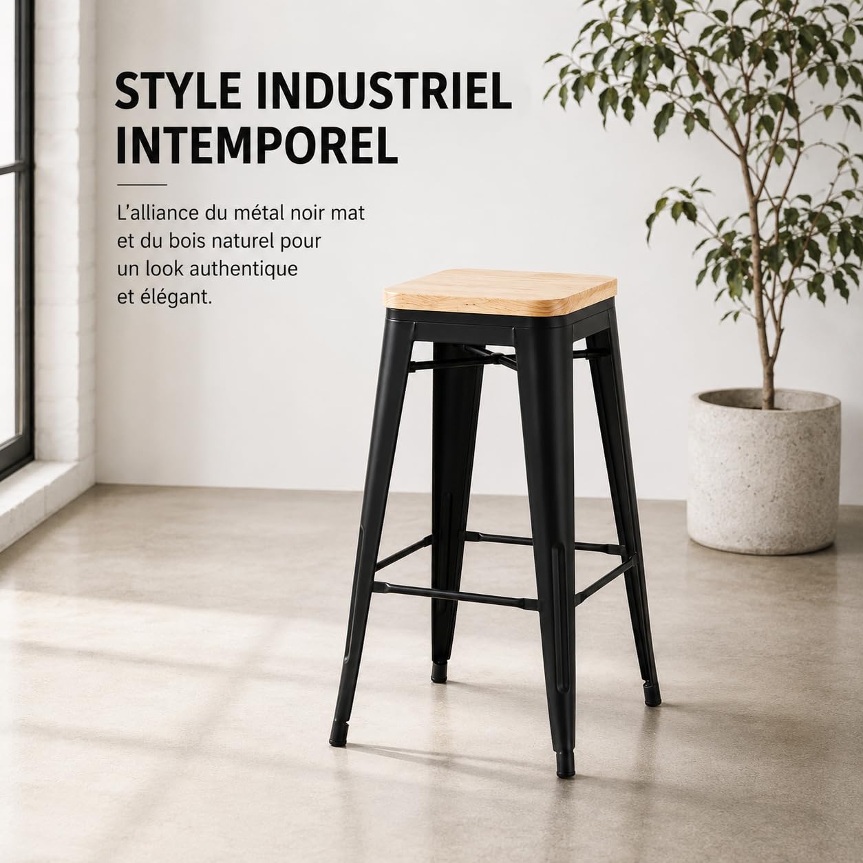 Kosmi Lot de 4 Tabourets de Bar Industriels 66 cm – Structure en Métal Noir Mat, Assise en Bois Clair, Style Loft Vintage, Cuisine, Îlot Central, Bar, Restaurant, Montage Facile