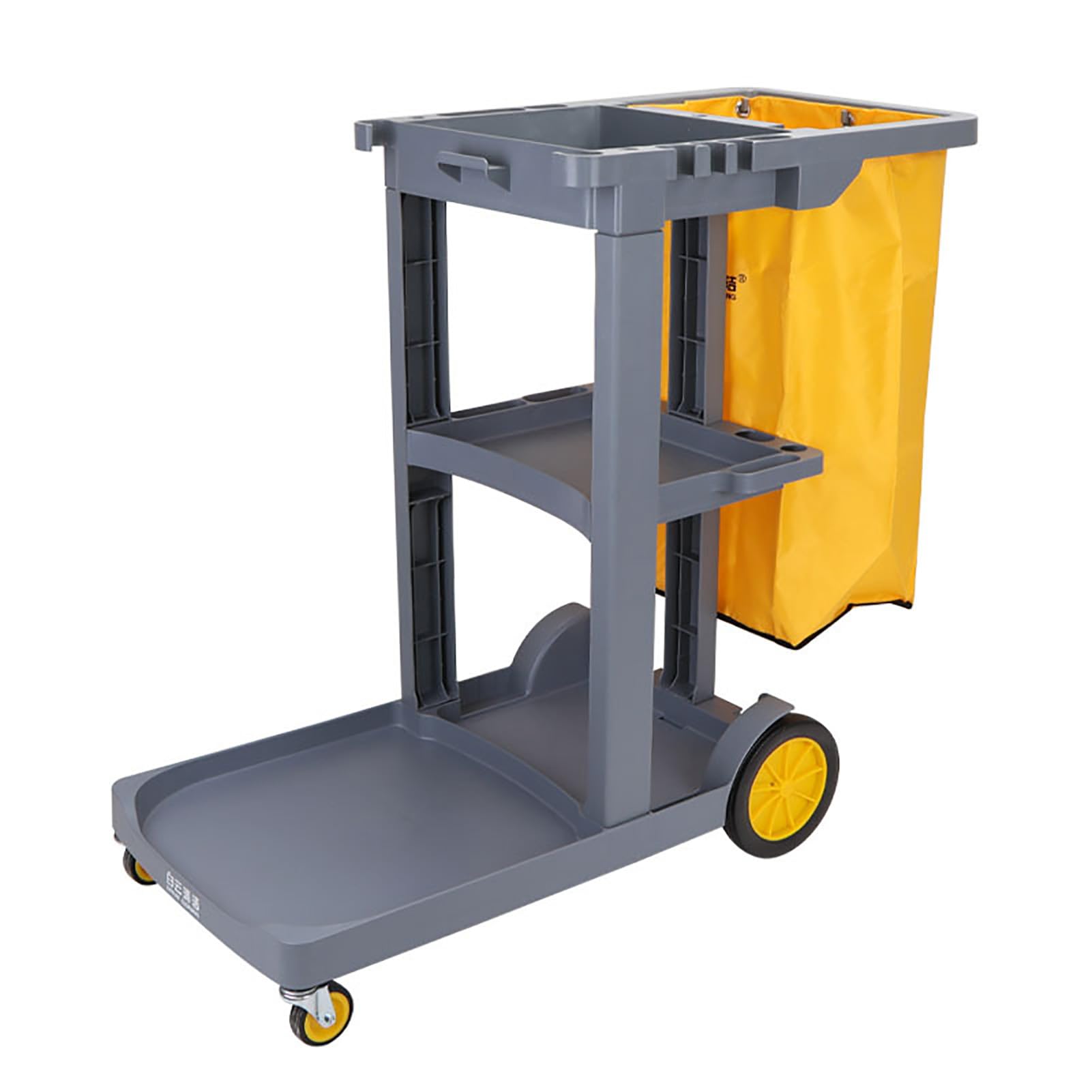 Carrello per Pulizie su Ruote, Carrello Commerciale Tradizionale in plastica a 3 Ripiani con Borsa in Vinile per Hotel e casa, Colore Grigio.