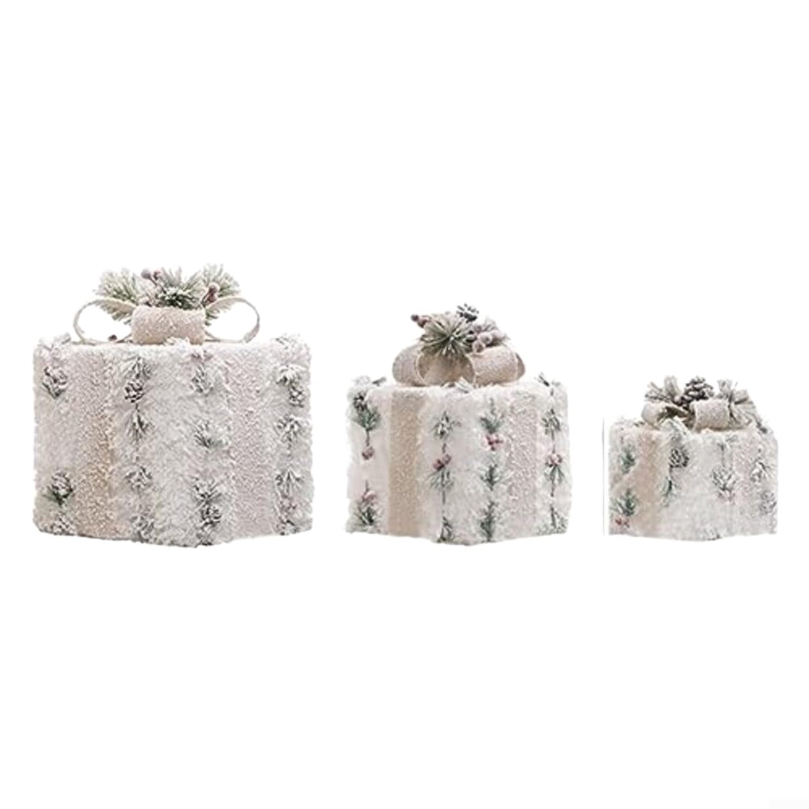 Set mit 3 weihnachtlichen beleuchteten Boxen, Plüsch-Boxen mit silbernen Schleifen, Timer-Funktion für Innen- und Außenbereich, Urlaubsdekoration (Gold)