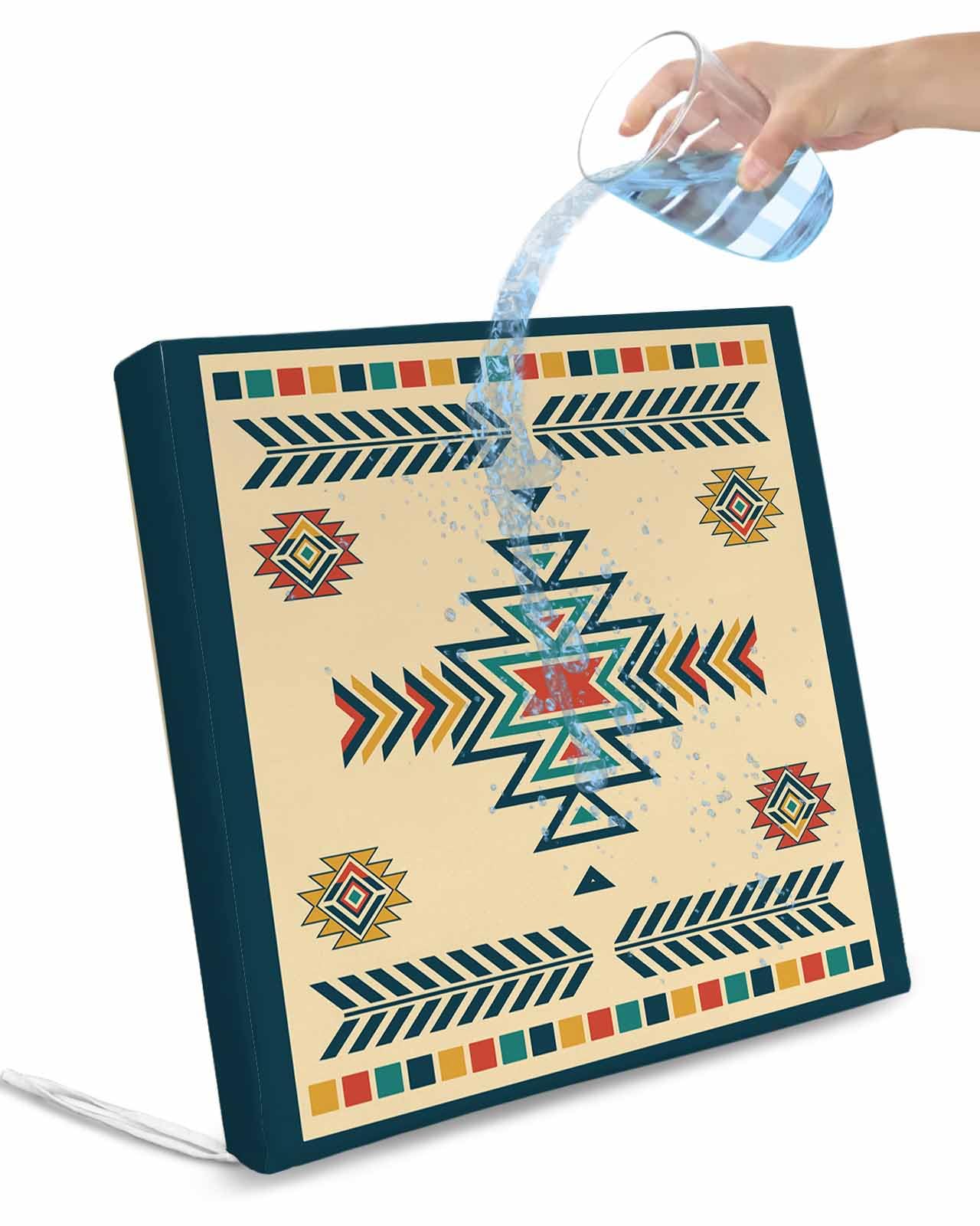 2 Pack Aztec Waterproof Cushion Covers with Ties Outdoor Patio Chair Seat Cushion Slip Covers Replacement(Only Cover) Colored Tribal Southwestern Native American Farmhouse Mexican 24''x24''x4''