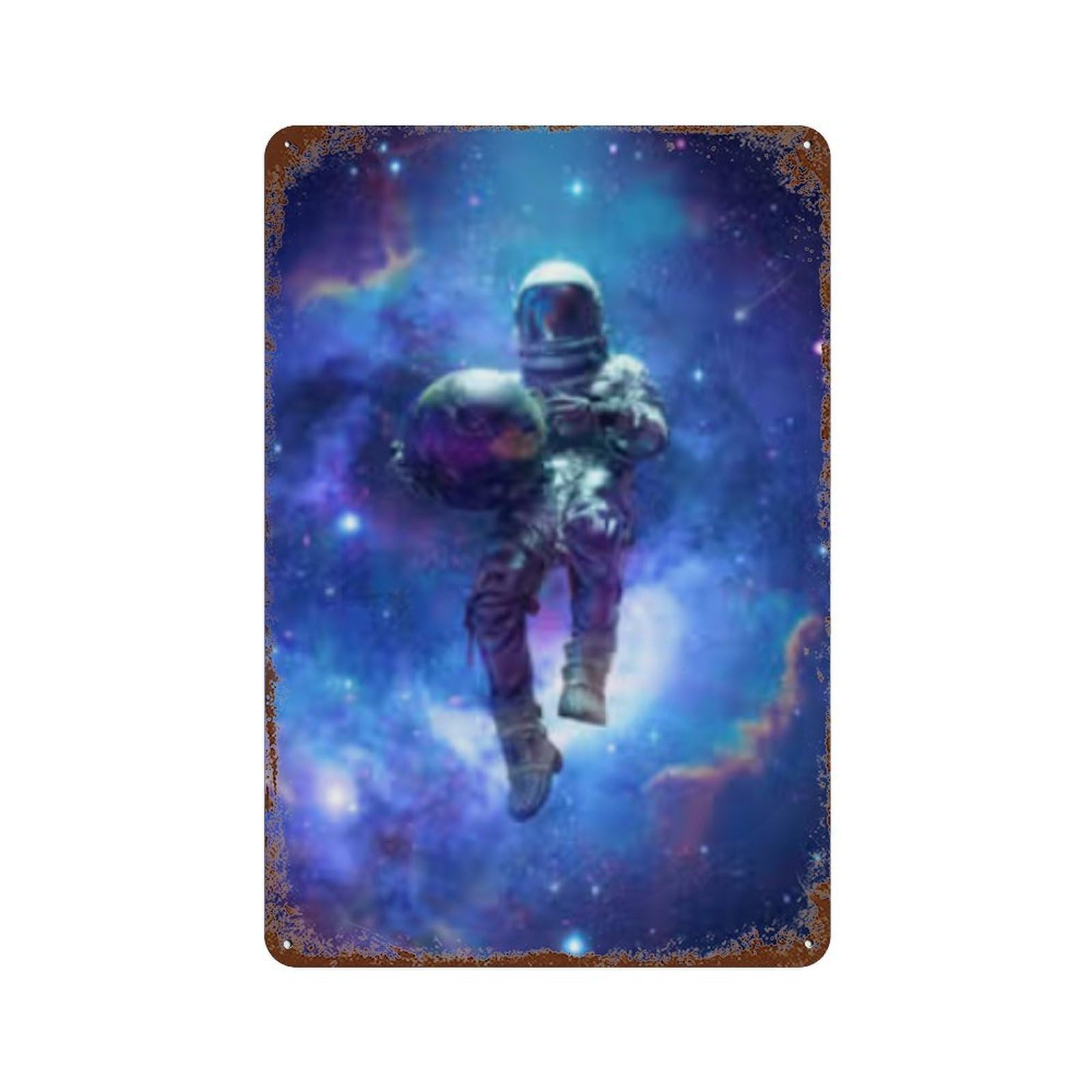 Cosmic Astronaut Floating with Planet 11.8"x7.9" Distressed Metal Wall Sign, Industrial Home Decor for Patio, Garden Room And Bar Decor