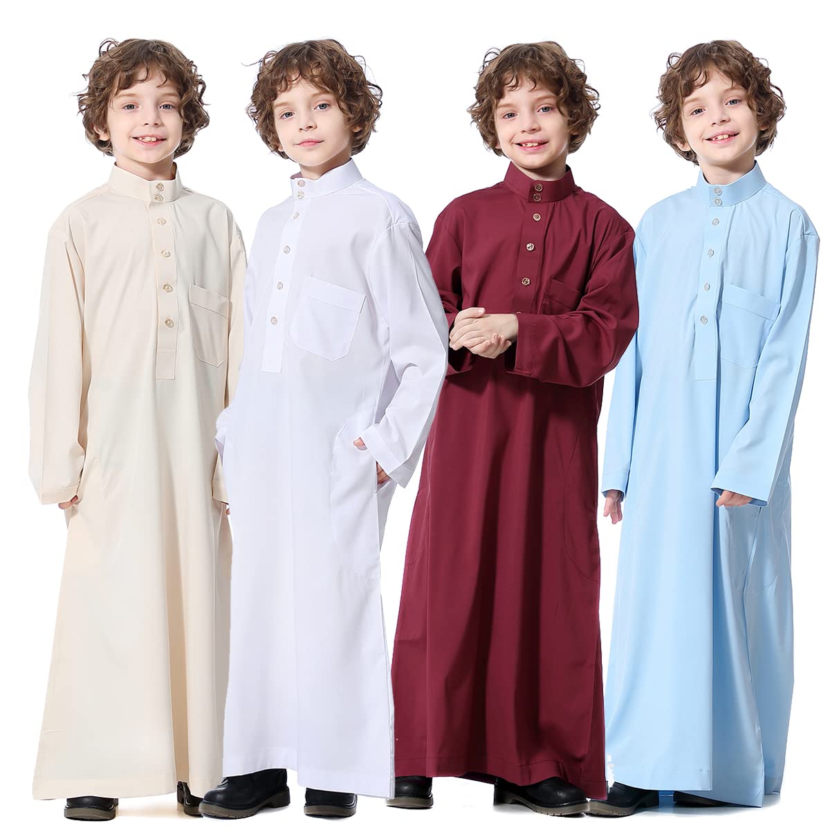 Qianliniuinc Abito islamico da ragazzo, collo rotondo, a maniche lunghe, con ricamo e tasche
