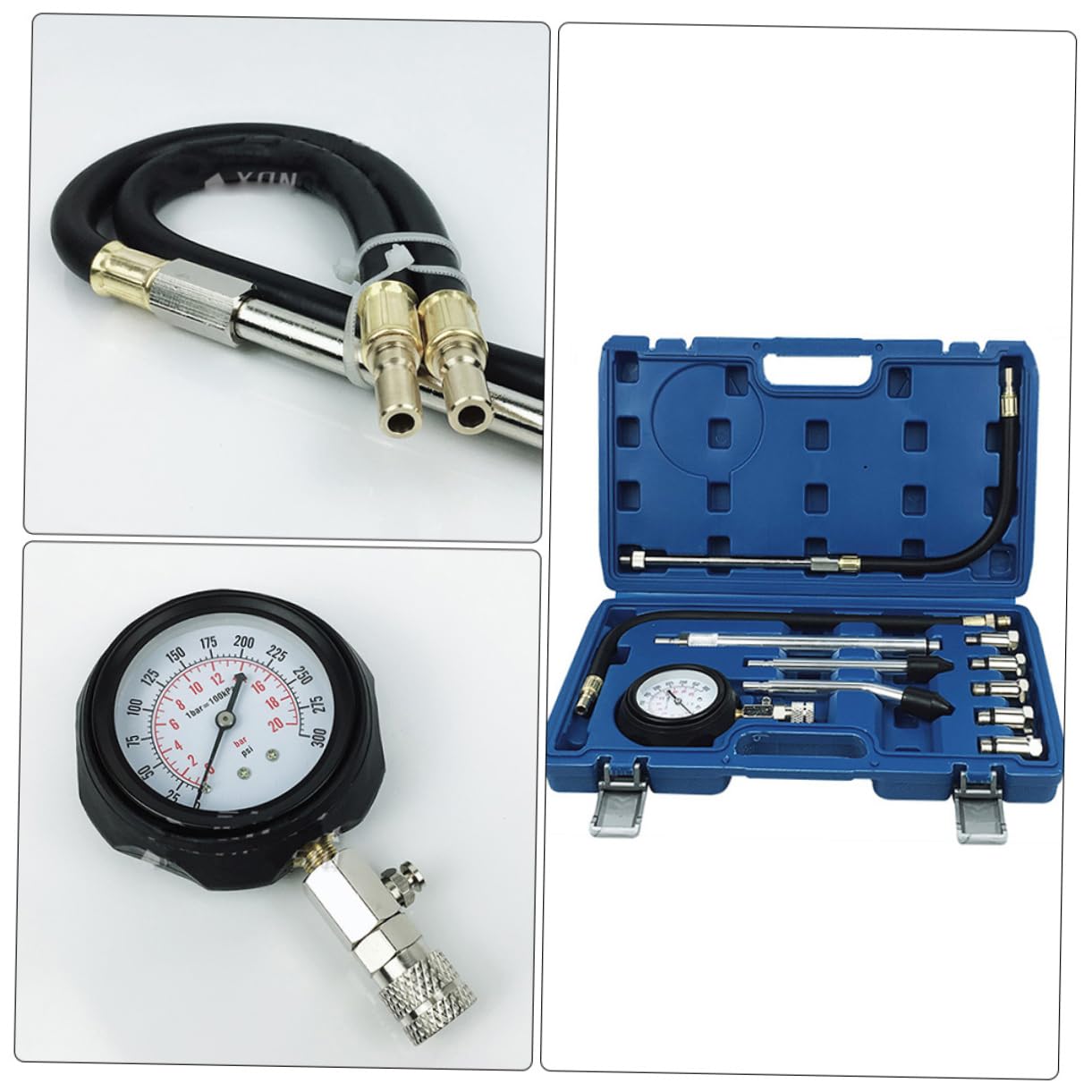 Manómetro de Presión para Cilindros de Motor Gasolina 1 Juego | Rango 0-300 Psi y 0-21 Bar, Adaptadores Rosca Métrica 10/12/14/18 Mm, Puntas Cónicas de Goma