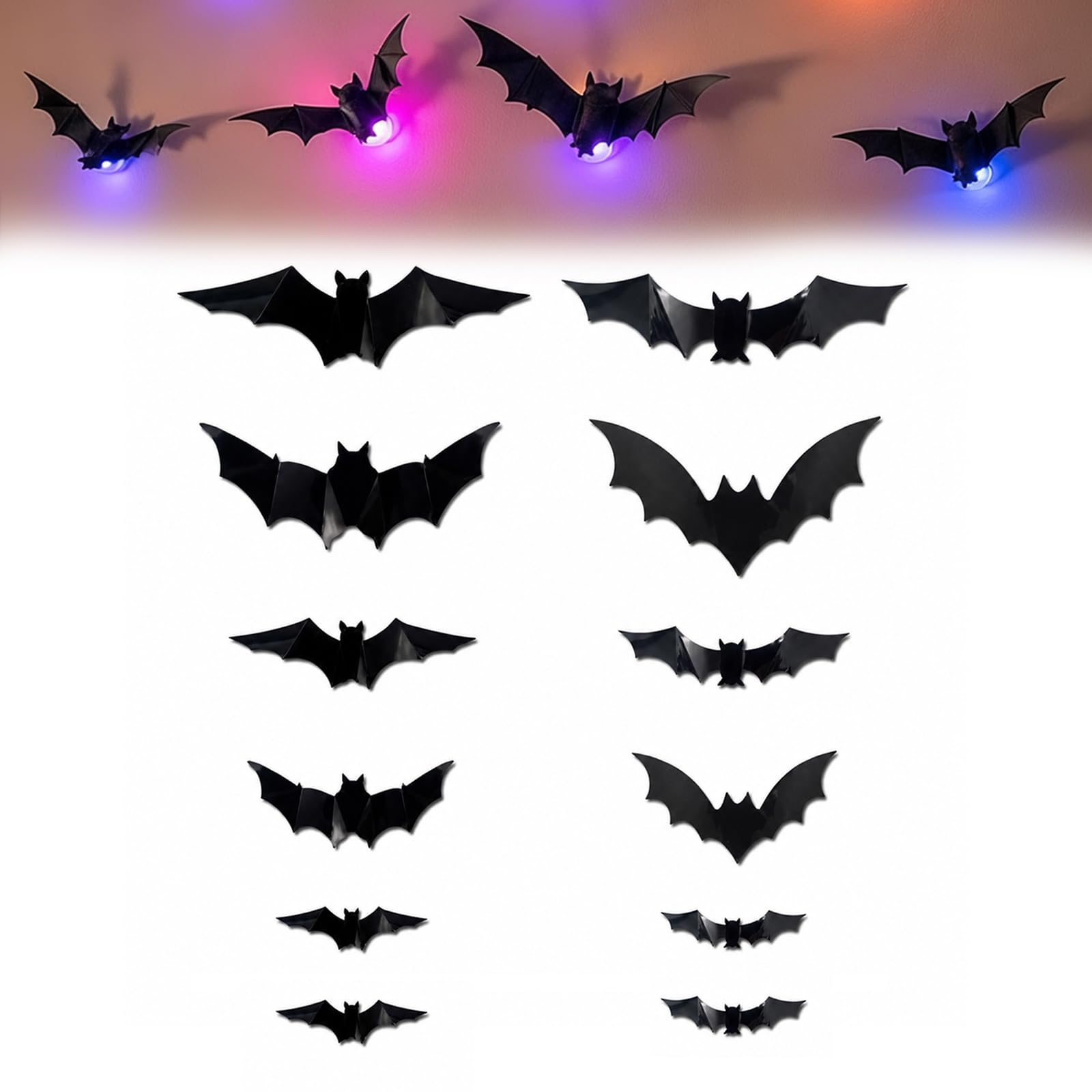 Halloween 3D Lighted Bats LED Glowing Purple Wall Decorations, 12Pcs Black