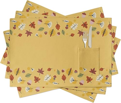 Juego de 4 manteles individuales de mesa de otoño para mesa de comedor, manteles individuales de algodón y lino con bolsillo, mesa cuadrada