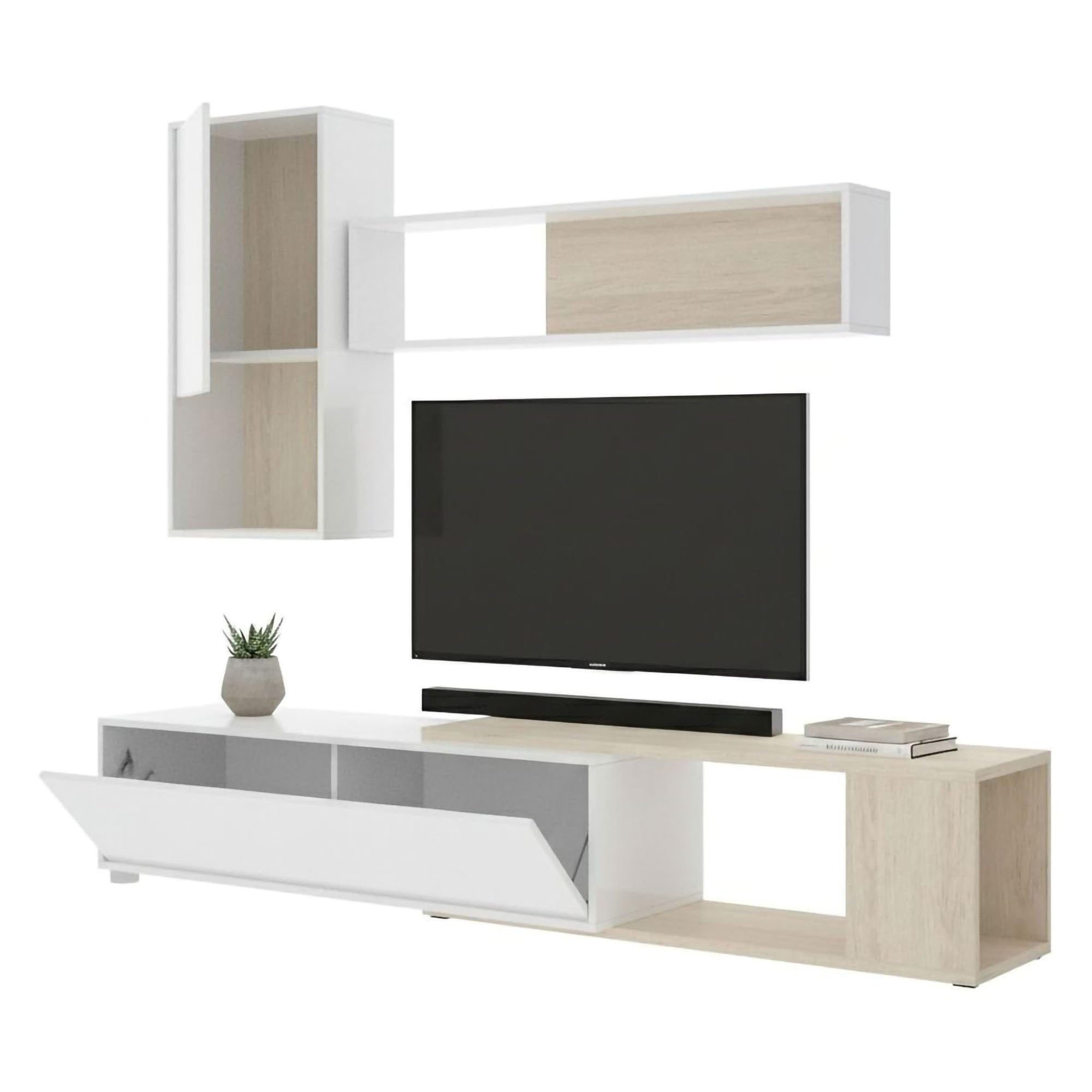 Dmora - Wohnwand Denali, modulares Eck-Wohnzimmerset, Multipositions-Wohnzimmermöbel, 230 x 41 x 180 cm, Weiß und Eiche