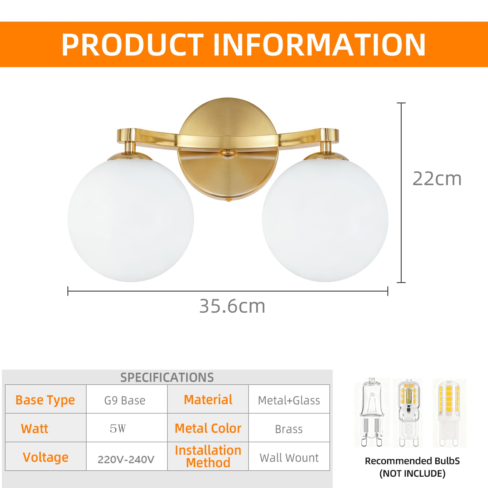 MantoLite Applique murale LED contemporaine avec deux abat-jours sphériques, lampe de lecture/miroir, comprend 2 ampoules G9