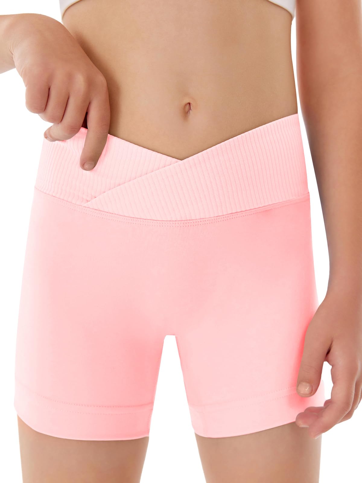Girls Athletic Shorts Slim Tummy Control V Cross Waist Short Leggings Bike Dance Gymnastics Shorts