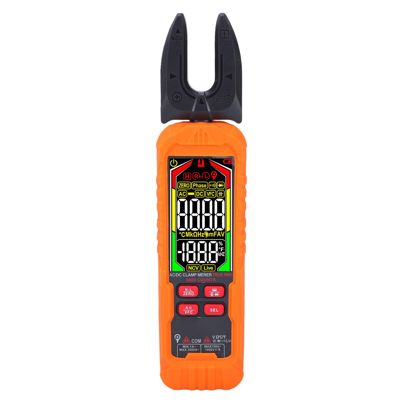 Eujgoov Pinza Amperometrica Digitale Intelligente 6000 Conteggi Vero RMS AC DC Gamma Automatica con Tester di Tensione Senza Contatto NCV Torcia a Ganascia Ruotabile a 90° Mantenimento