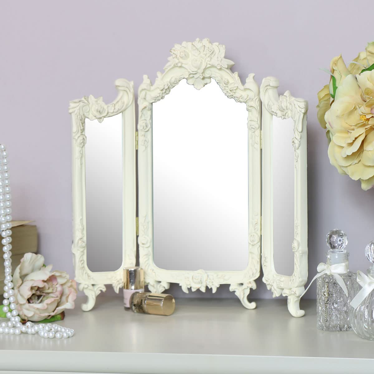 Melody Maison Unisex Cream Ornate Rose Triple Mirror - 38Cm X 38Cm | : 38 Cm X 38 Cm