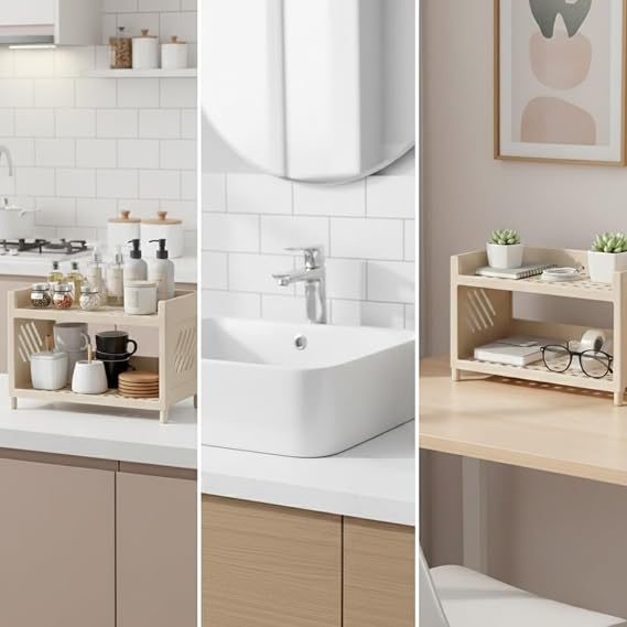 Çok Amaçlı 2 Katlı Organizer Raf – Bej Plastik Düzenleyici Stand – Banyo, Mutfak, Masaüstü ve Ofis İçin – 25 x 18 cm