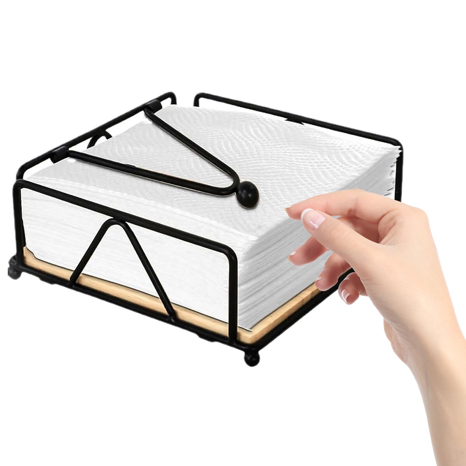 Napkin Holder with Wooden Base for Table, Metal Black Napkin Holder with Weighted Arm Modern Sturdy Cast Iron Cocktail Bar Napkin Dispender for Outdoor Picnic(Black)