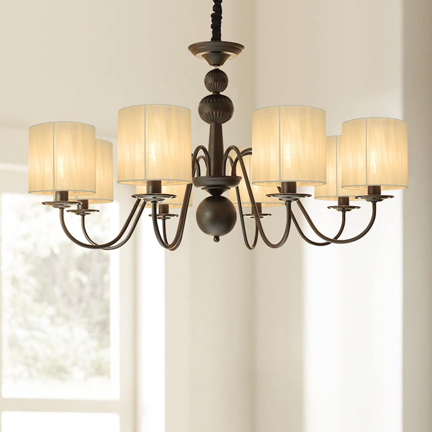 LAMPWELL LYON Clip-on Chandelier Organza Fabric Lamp Shades,Set of 6,Small Drum,5.2"×5.2"×H5.2", Organzy Ribbon, Handmade,Modern Trendy Decorative,ONLY FOR CANDLE BULB,Cream