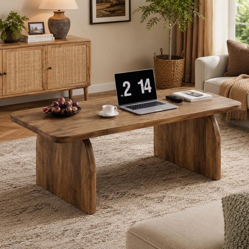 Image of Sheesham Wood Coffee Table | Modern Center Table for Living Room, Lounge & Office | Solid Wooden Cocktail Table with Curved Panel Base Design | Teak Natural