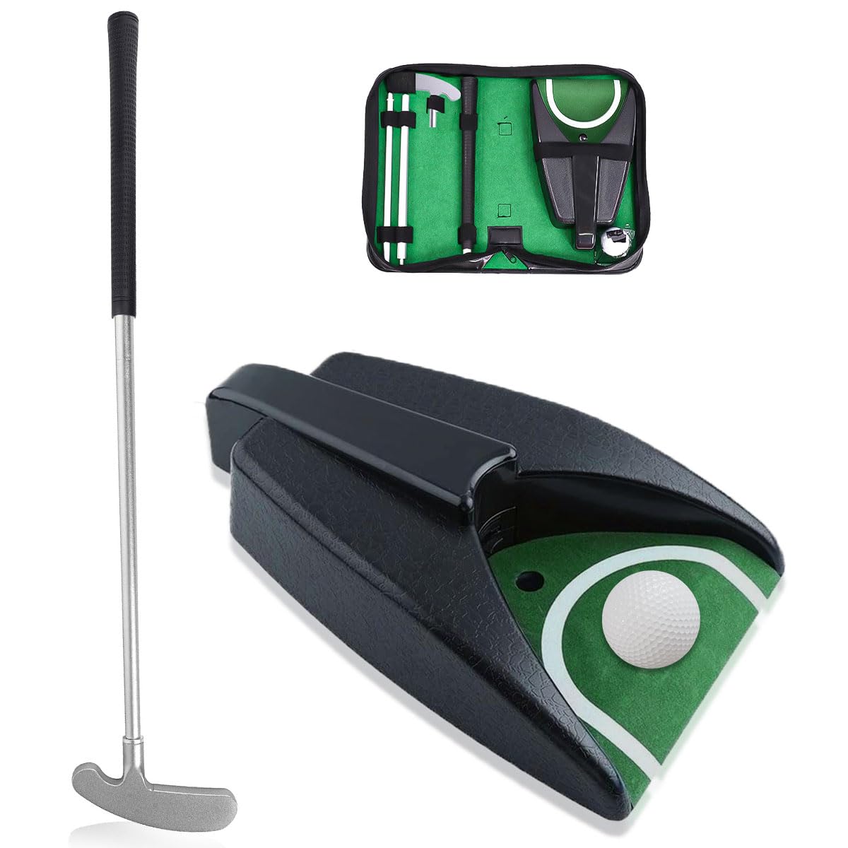 Golf Putter Mini Golf Training Putter Portable Golf Putting Machine Adjustable Length Putter Kick Back Cup Device Stainless Putter Kit with Case, 1 Putter 1 Ball 1 Putting Cup for Indoor Golf Practice