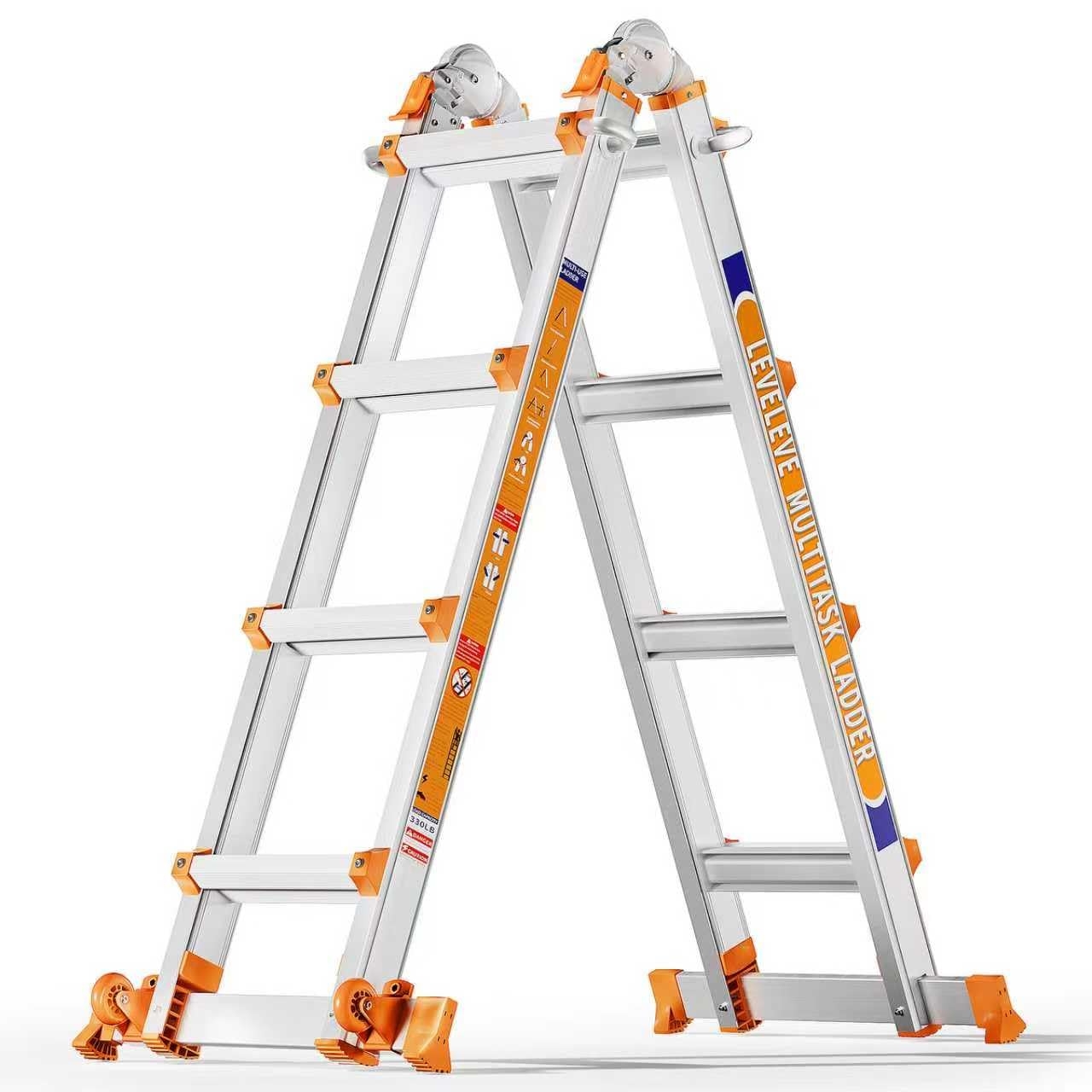 Escalera de 4 peldaños con múltiples Posiciones, Escalera Deslizante de 4,2 m con estabilizador y Ruedas, Carga de Seguridad de 150 kg, una Escalera de Marco para escaleras, hogar, Interior, Exterior