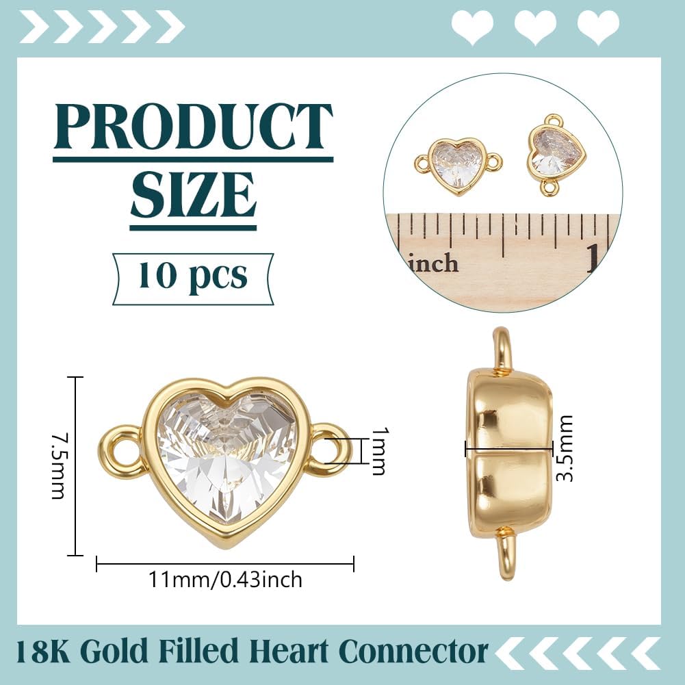 BENECREAT 10PCS 18K Gold Plated Brass Heart Connecter, 7.5x11mm Cubic Zirconia Link Connector, Heart Link Charms for Earring Bracelet Jewelry Making Festival Gift (Golden) - Image 2