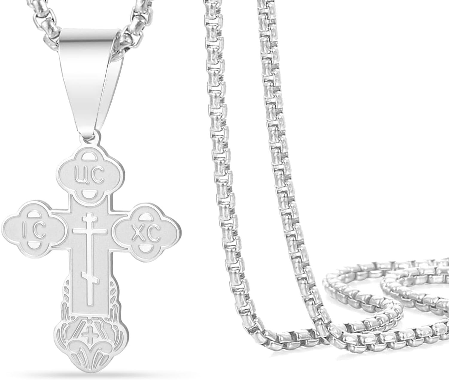 HURUMA Stainless Steel Eastern Orthodox Cross Crucifix Pendant Necklace for Men Women Jesus Byzantine Religious Pendant Christian Catholic Jewelry Gift, Silver 3