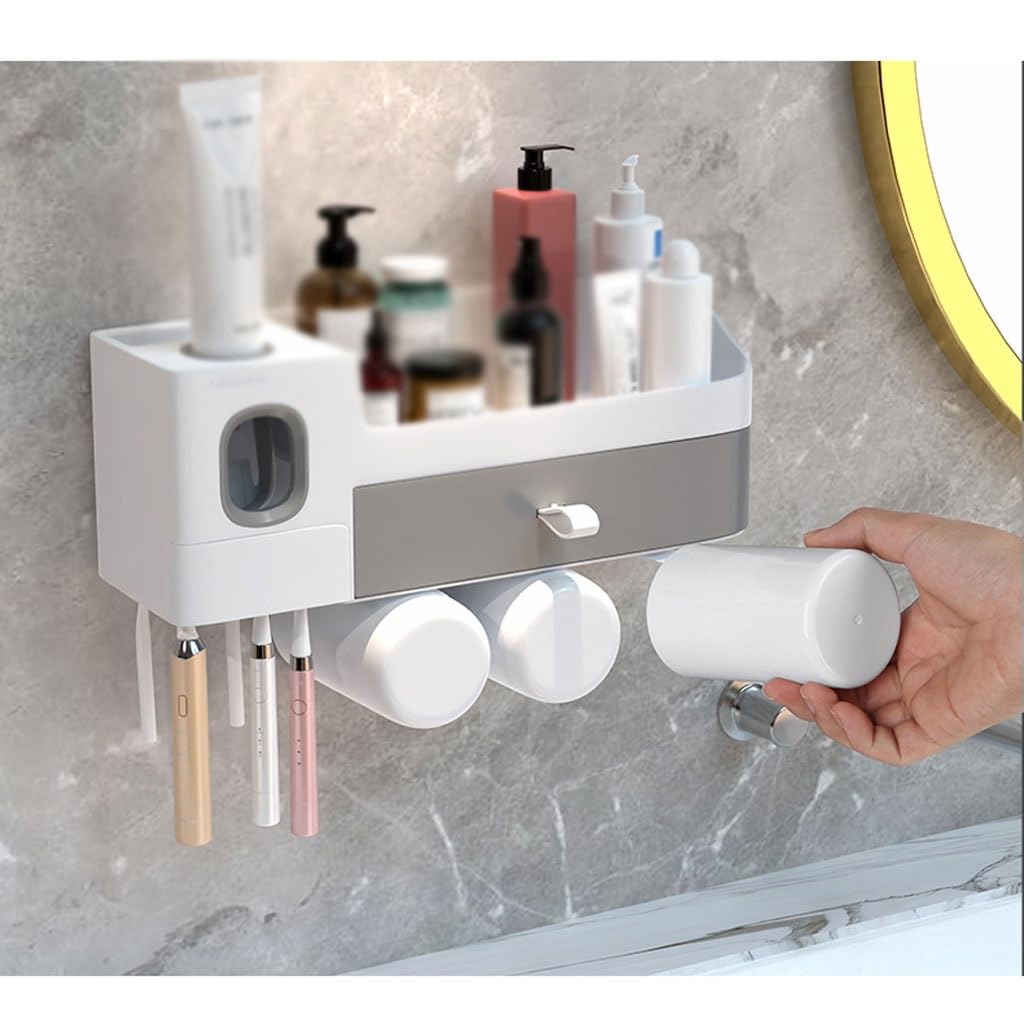 Estante para Cepillos de Dientes Portaspazzolino con cassetto, Dispenser for dentifricio, portadentifricio Multifunzionale Senza Fori(L29.3cm)
