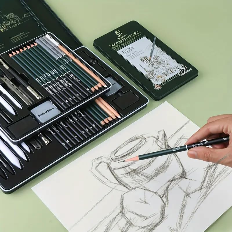 Image of PLUSPOINT 19 Piece Pencil Sketching & Drawing Art Set for Artists, Professional Graphite Pencil Kit with Blending Tools, Erasers, Sharpener & Metal Tin Box