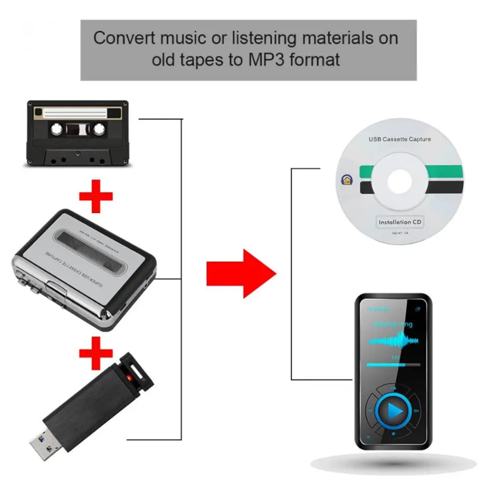 Magnétophone Portable, Lecteur de Cassettes Portable, Convertisseur Audio USB Cassette vers MP3, Lecteur de Cassettes avec Prise Casque 3,5 mm, Mini Magnétophone pour Ordinateur Portable (Noir)
