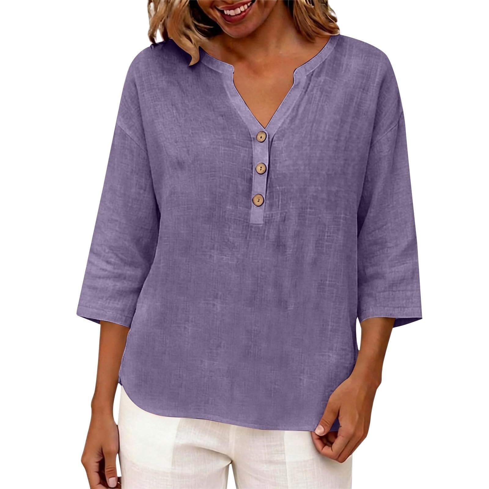 Camicetta da donna in mussola con maniche a 3/4, in lino, scollo a V, con bottoni | Materiale traspirante in cotone e lino, vestibilità comoda, versatile, elegante abbottonatura