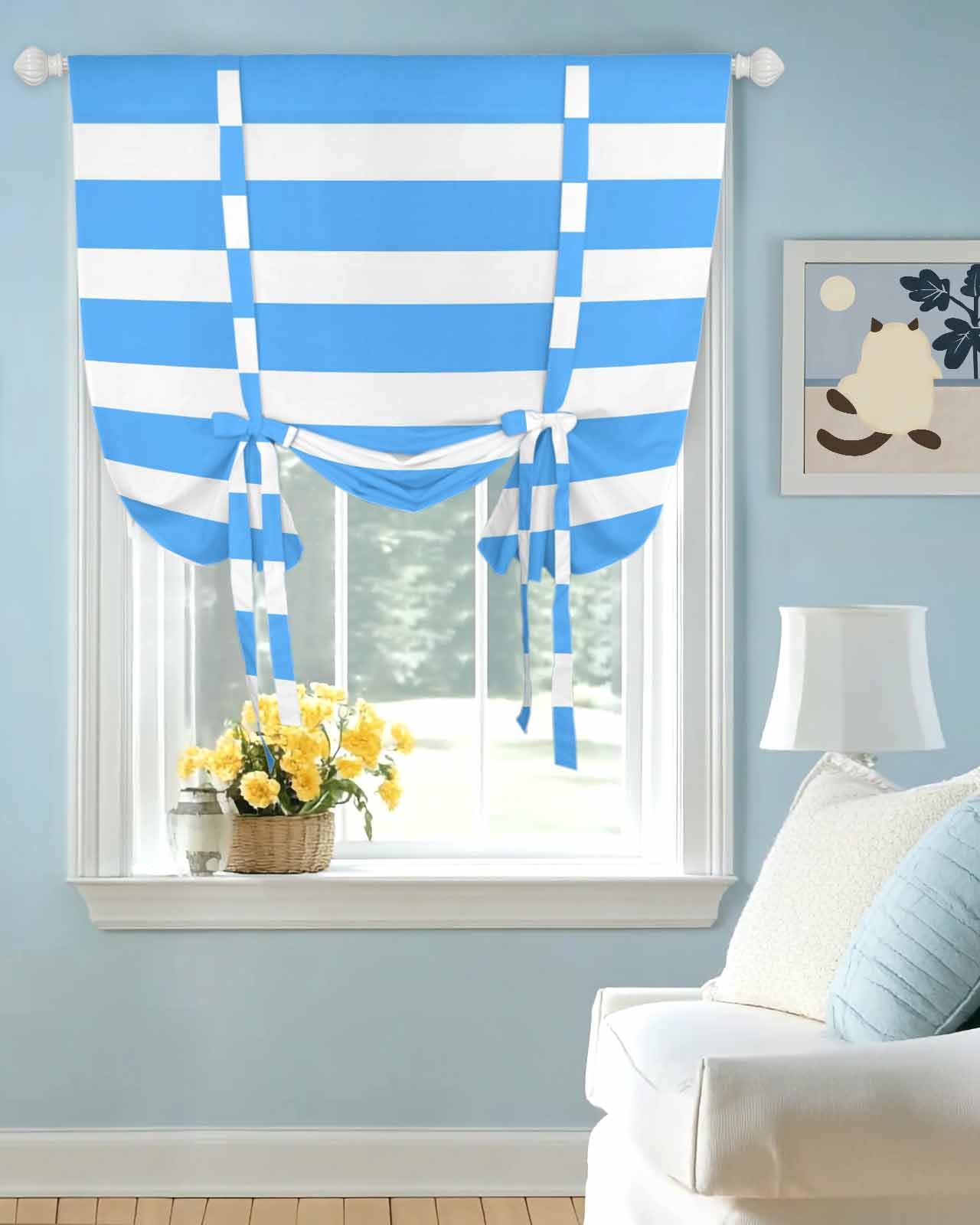 Tie Up Curtains for Windows Simple Blue Striped Rod Pocket Tie-Up Window Shade Adjustable Balloon Curtain Valance Modern Geometric Line for Bedroom Kitchen Bathroom Blinds,42x45in