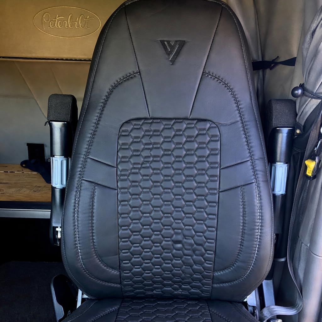 Seat Cover – Compatible with Peterbilt 579 & 567 OEM Stock Seats – Black Faux Leather with Grey Stitching, Custom Fit, Durable, Easy Install, Four-Season Protection (Black/Black)