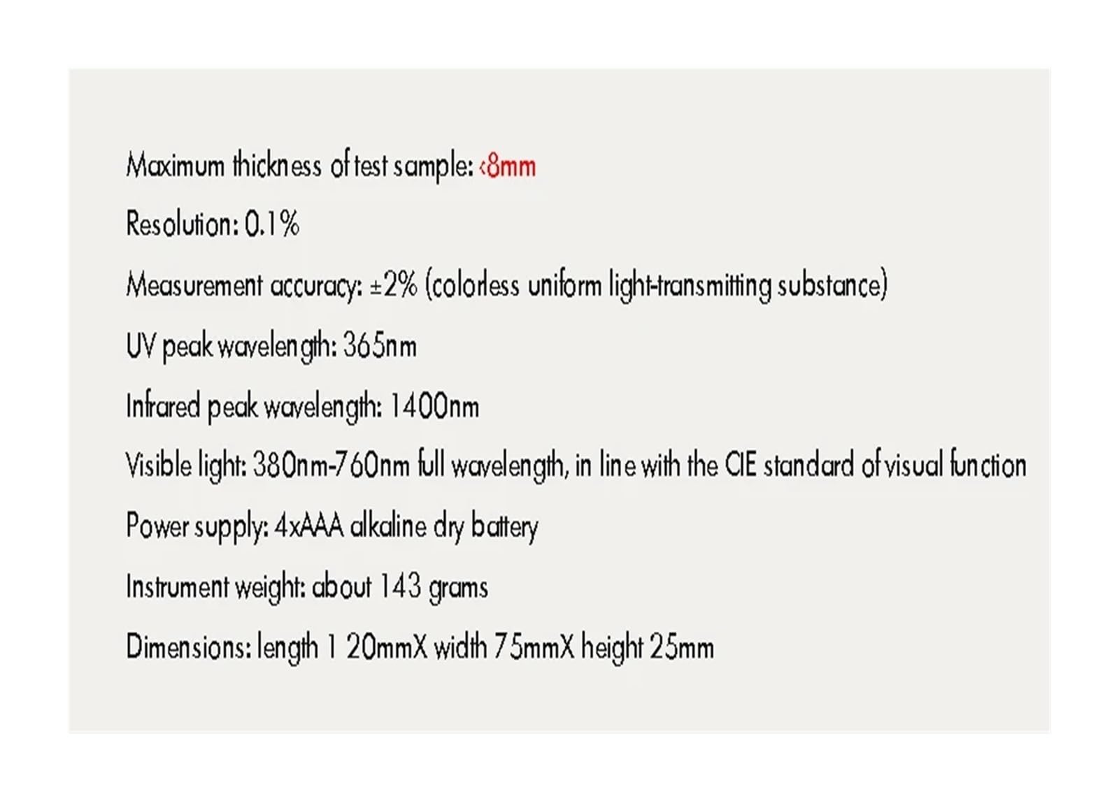 Światłomierz, Przenośny miernik transmisji folii okiennych z filtrem podczerwieni 1400 nm, współczynnikiem blokowania promieniowania UV, widzialną transmisją światła, rozdzielczością 0,1%
