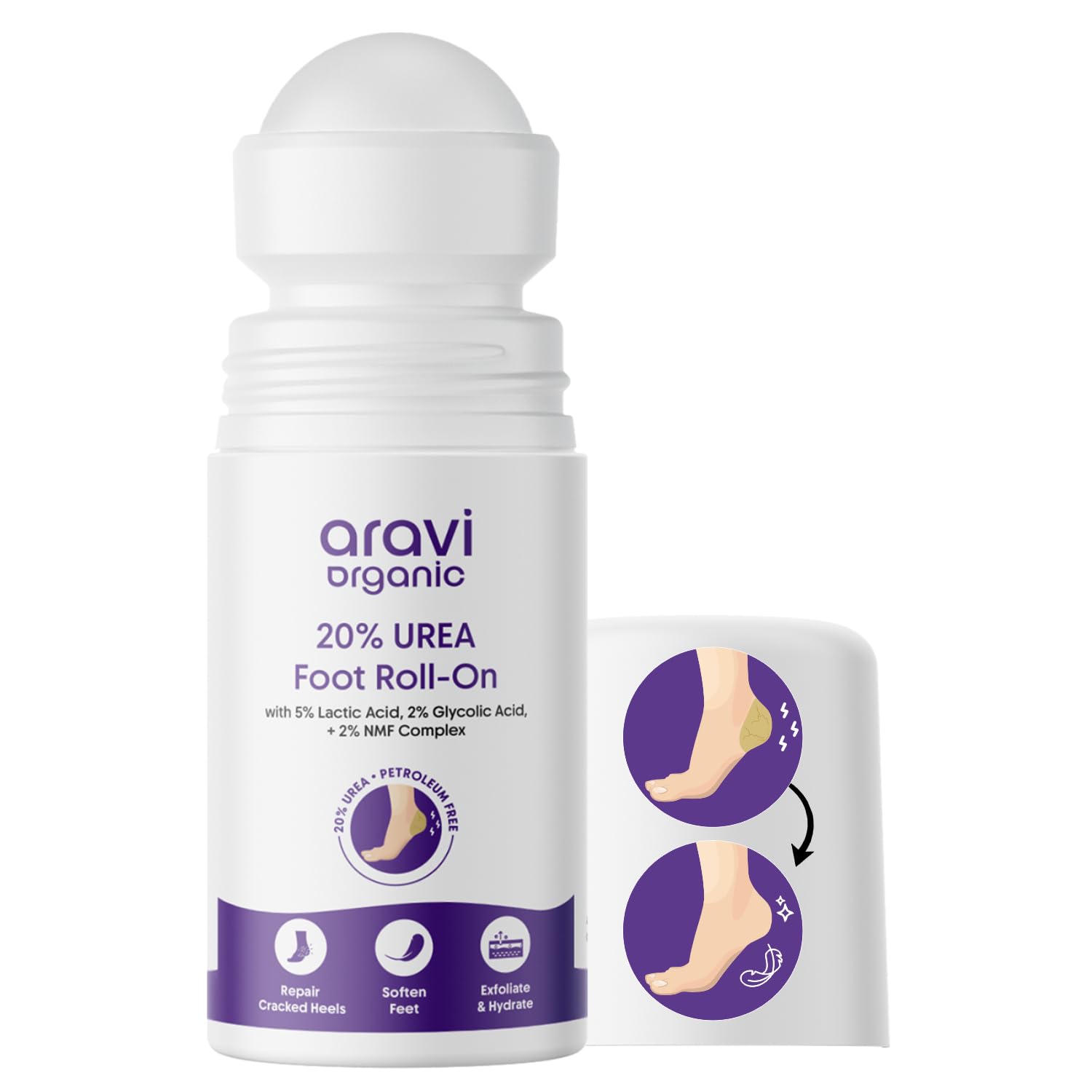 Aravi Organic AHA BHA Foot Roll-On | 0.5% Salicylic Acid, 5% Lactic Acid, 2% Glycolic Acid, 2% NMF Complex | Prevents Cracked Heels, Sweat & Pigmentation | All Skin Types | Urea & Petroleum Free | 50ml