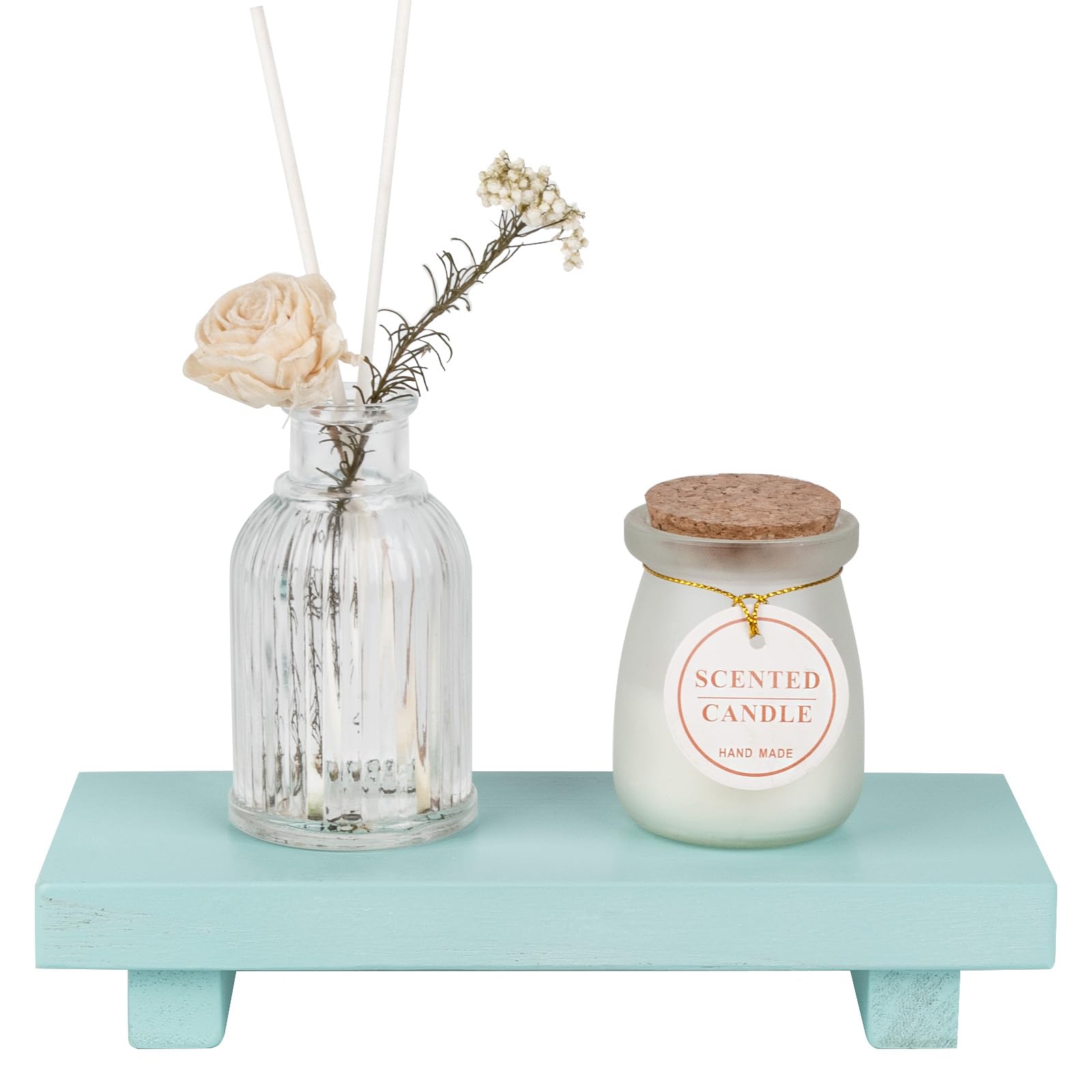 Small Wood Tray Pedestal Stand Farmhouse Bathroom Decor Decorative Wooden Riser Kitchen Soap Dish Holder for Vanity, Counter, Sink, Light Blue