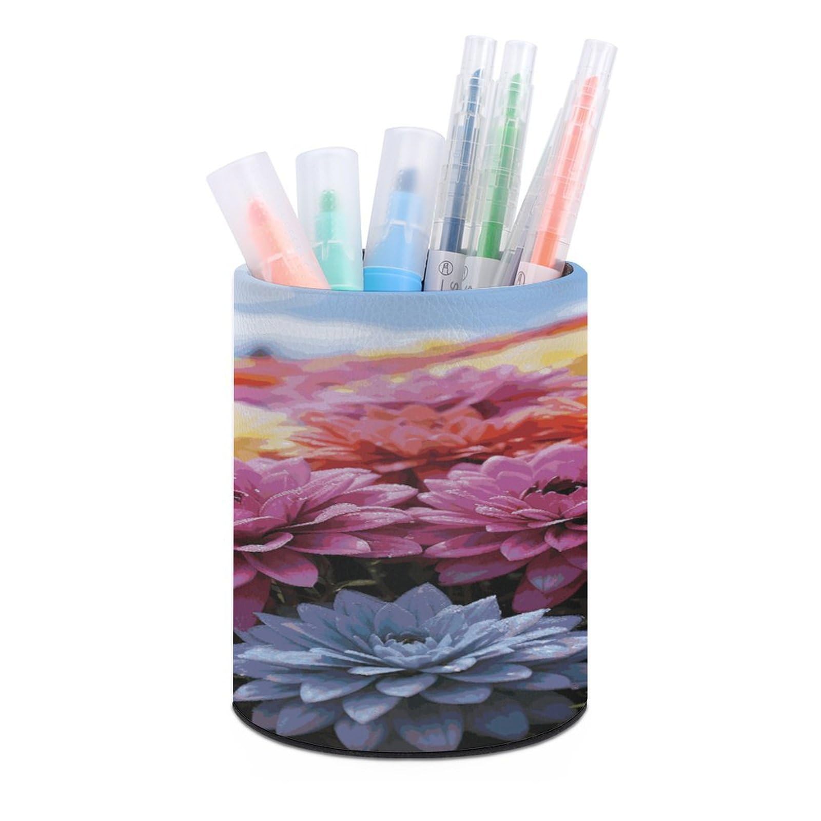 LDGSUPH Rainbow Flower Sea Round Pen Holder Leather Pen Cup Pencil Cup Pen Organizer Pencil Holder for Desk Organizer Pencil Organizers Makeup Brush Holders for Home Office Gift