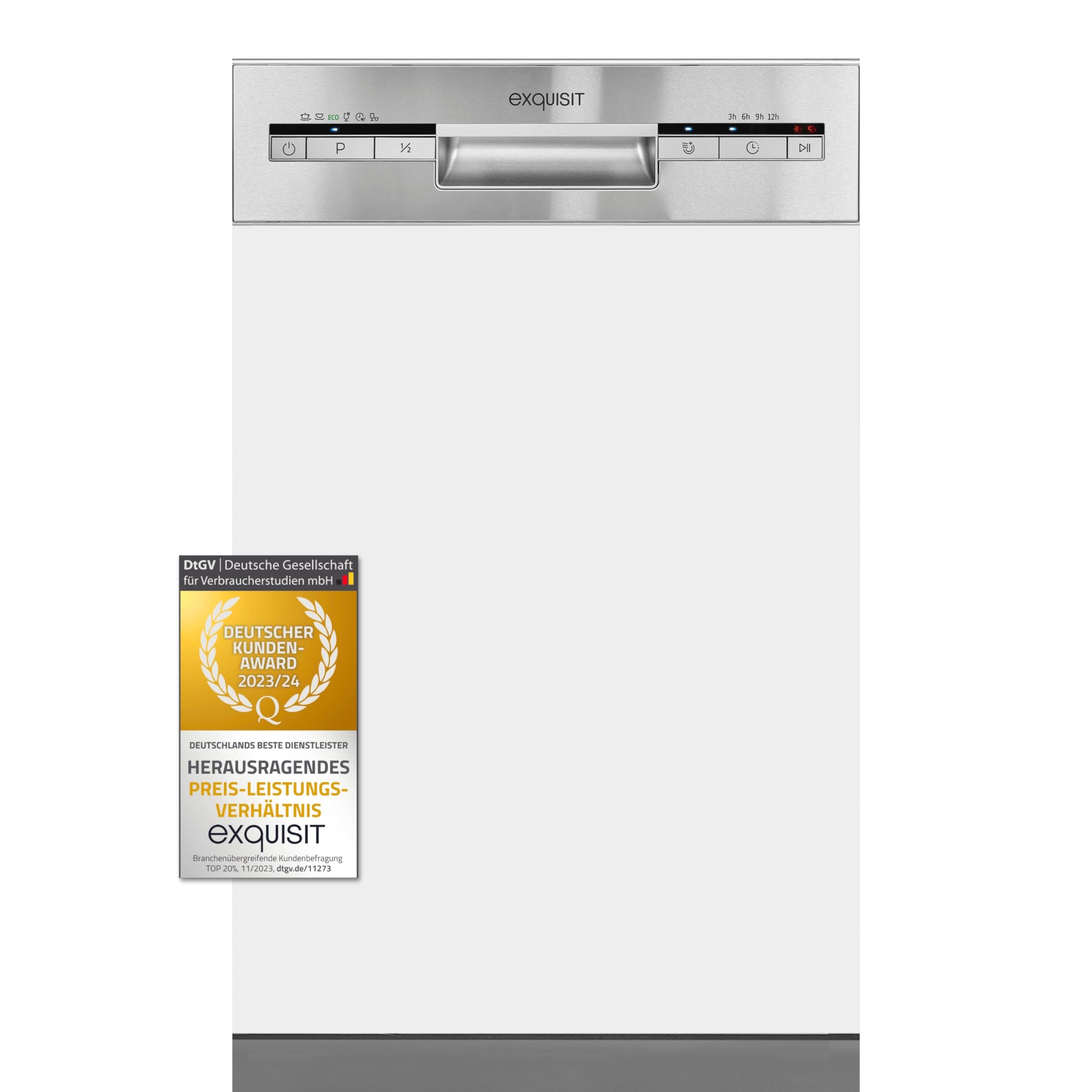 Exquisit Einbaugeschirrspüler 45 cm, Teilintegriert, 9 Maßgedecke, 9 Liter, Startzeitvorwahl, ECO-Modus, EGSP51009-EB-030E inox