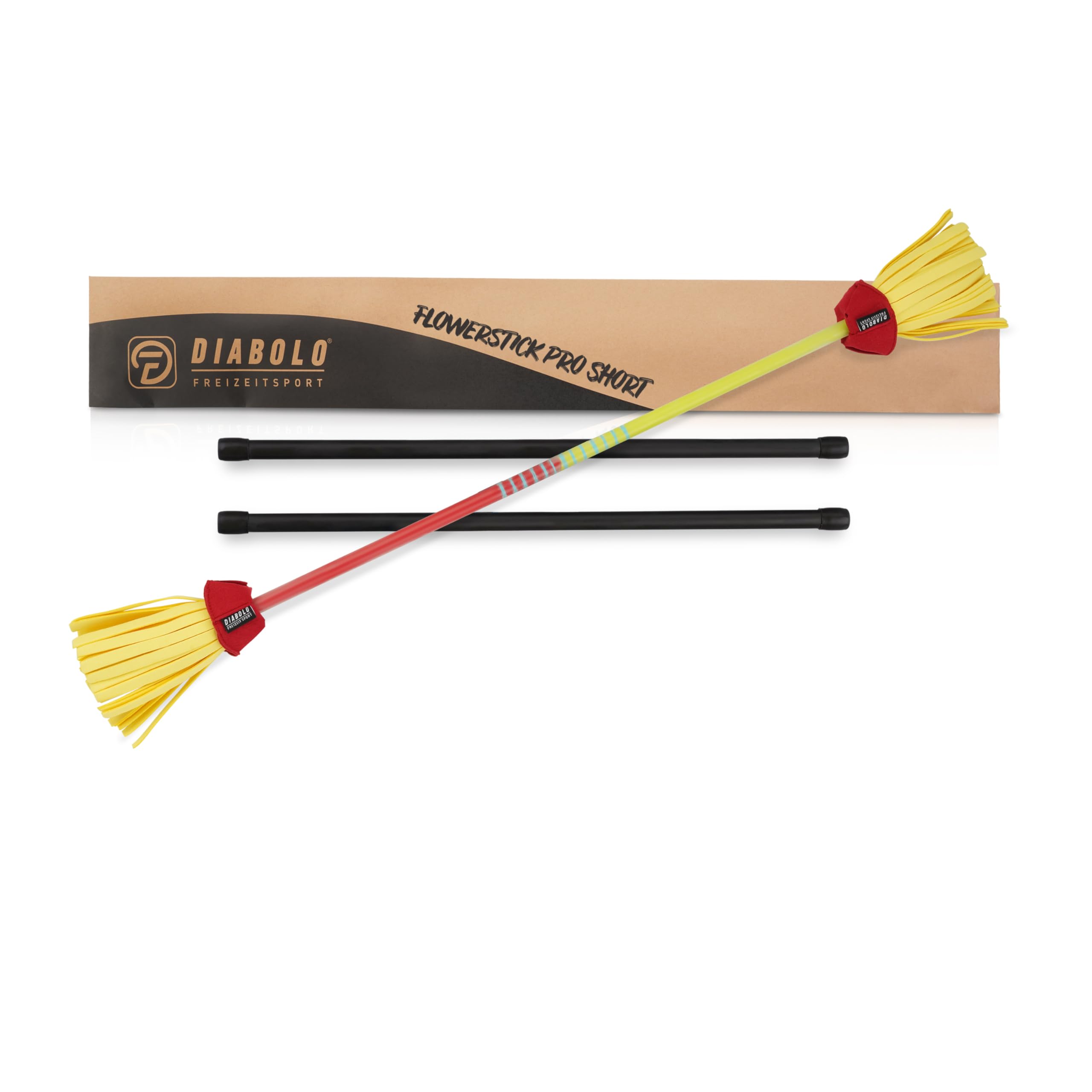Diabolo Freizeitsport Flowerstick Pro Short (amarillo-rojo) – palo corto de fibra de vidrio con 2 palos, reactivo UV, pintado a mano, ideal para avanzados y profesionales
