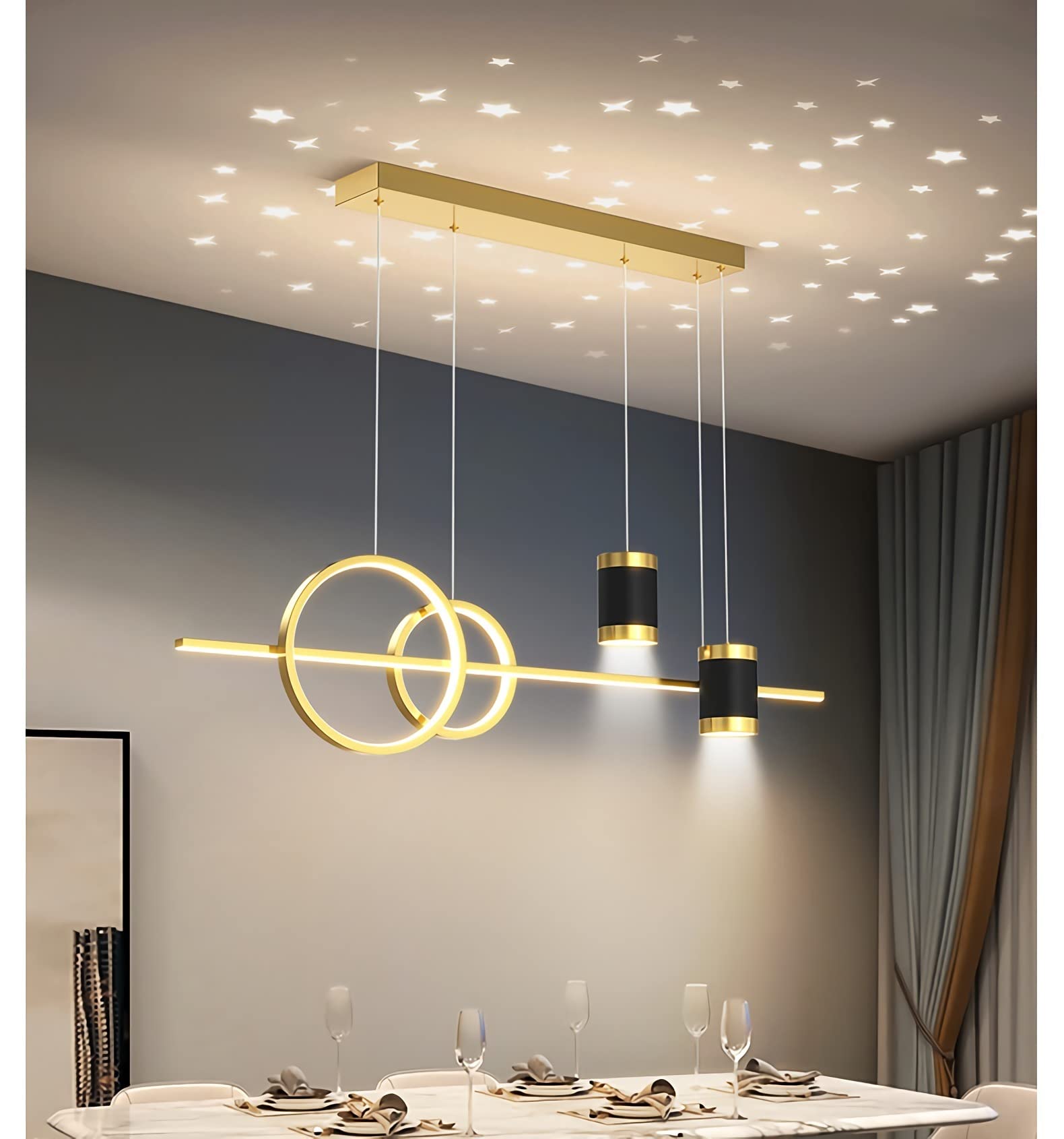 Bellastein Modern LED Pendant Lamp, Dining Table Pendant Lamp with Remote Control, Height Adjustable, Gold, L100cm