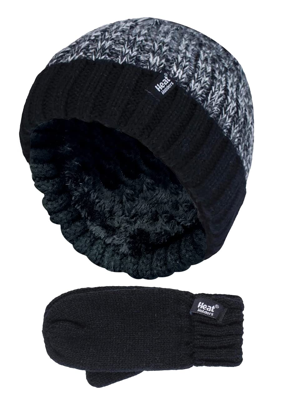 Heat Holders Boys Knitted Thermal Fleece Lined Beanie Hat & Mittens Set - Grey - 3-6 Years