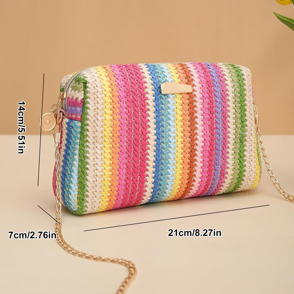 Women’s Straw Tote Bag Rainbow Striped Casual Beach Shoulder Bag Summer Vacation Straw Crossbody Bag Purse 2025