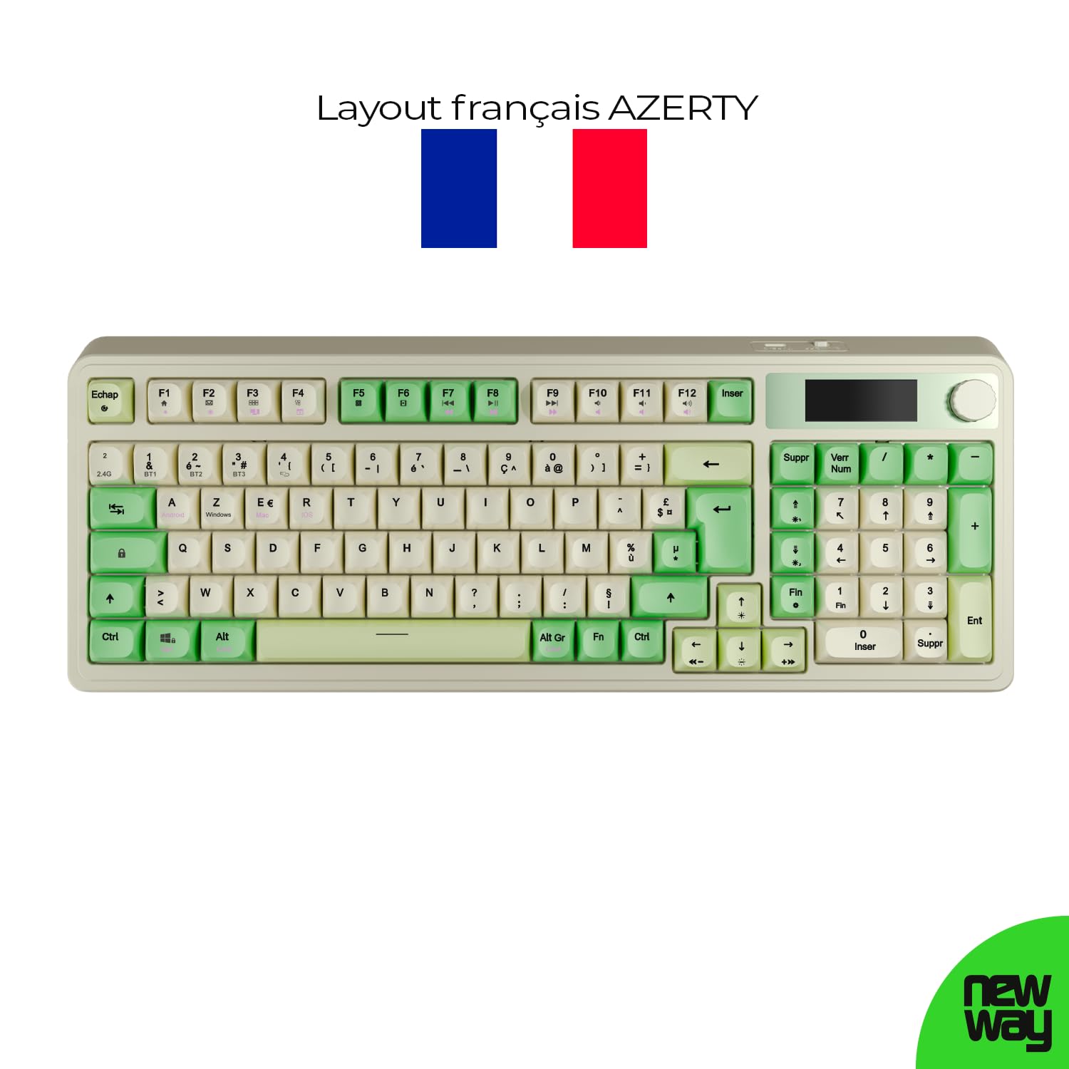 NEWWAY NK251 – Clavier sans Fil Rechargeable Affichage LCD Numérique Molette Multifonction - AZERTY français – Triple Mode (WiFi 2.4 GHz, BT, USB-C) - Récepteur USB au Dos