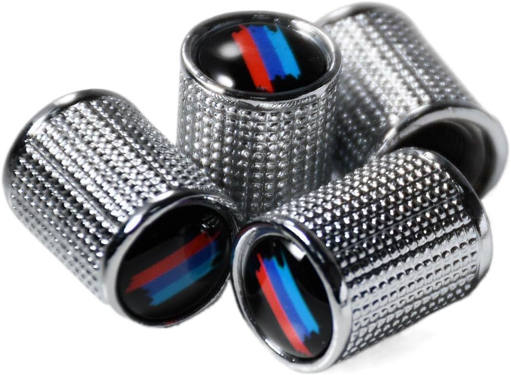 (Set of 4) Chrome Metal Auto Tire Valve Stem Cap Cover Trim with Sports Stripes Resin Emblem for BMW 3 5 7 M3 M4 M5 M8 X1 X3 X4 X5 X6 X7 Z4 i3 i4 ix Anti-Rust