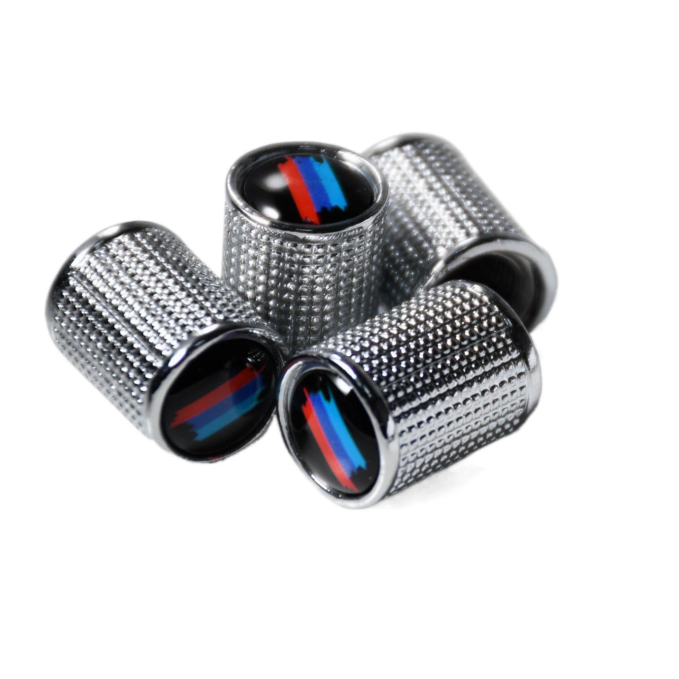 (Set of 4) Chrome Metal Auto Tire Valve Stem Cap Cover Trim with Sports Stripes Resin Emblem for BMW 3 5 7 M3 M4 M5 M8 X1 X3 X4 X5 X6 X7 Z4 i3 i4 ix Anti-Rust
