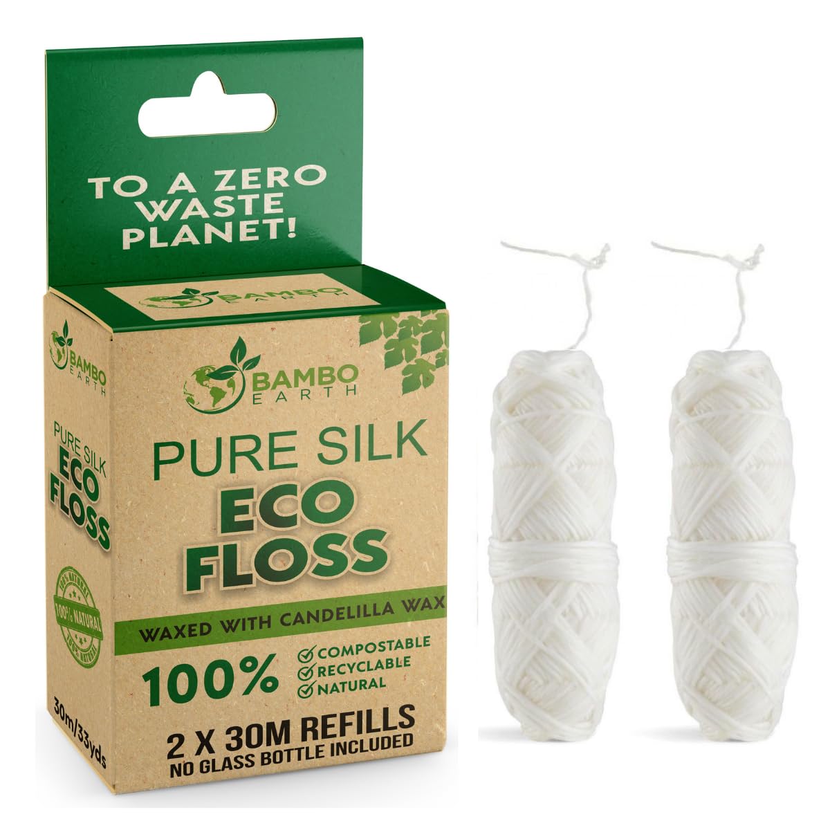 Biodegradable Mint Dental Tooth Lace Floss - 2X Refillable Flossers - 100% Organic Natural and Compostable Teeth Silk Spool - Waxed with Candelilla Wax & Eco-Friendly Zero Waste Packaging