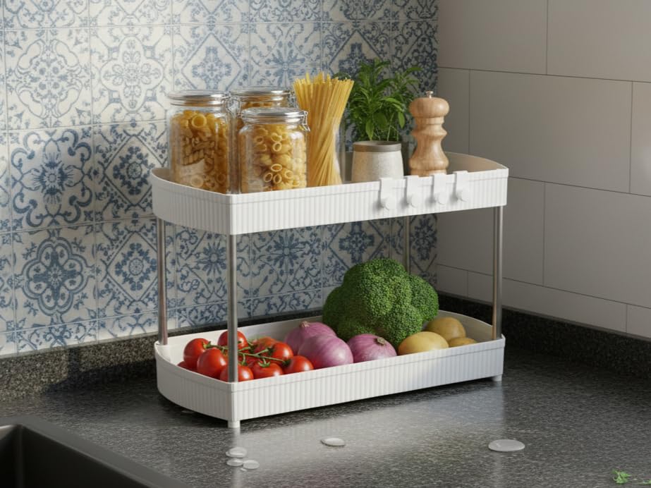 U-Max Multi-Tier Kitchen Under Sink/Cabinet Organizers with Hooks Hanging Cup,Pull-Out Storage Organizer for Bathroom, Kitchen, & Office use (1, White, 2-Shelf)