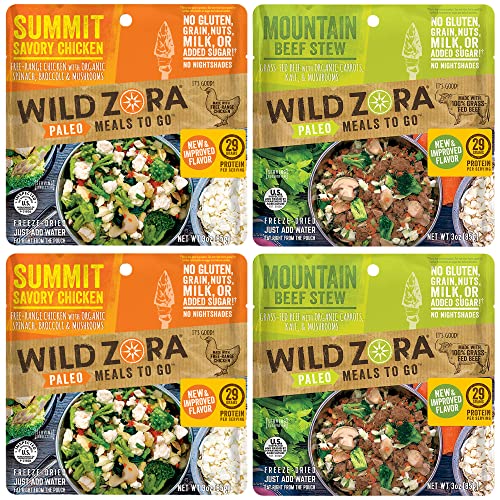 Wild Zora Paleo Freeze Dried Meals for Backpacking & Camping – Healthy Gluten Free & Grain Free Camping Meals/Backpacking Food + No Added Sugar – Great for Travel (AIP 4-pack)