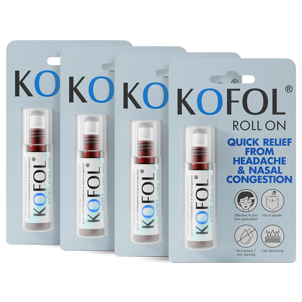 Kofol Ayurvedic Roll On for Headache & Nasal Congestion | Natural Cold Relief Roll On with Menthol, Camphor & Essential Oils | Instant Relief from Blocked Nose, Snoring & Sinusitis – 10 ml (Pack of 4)